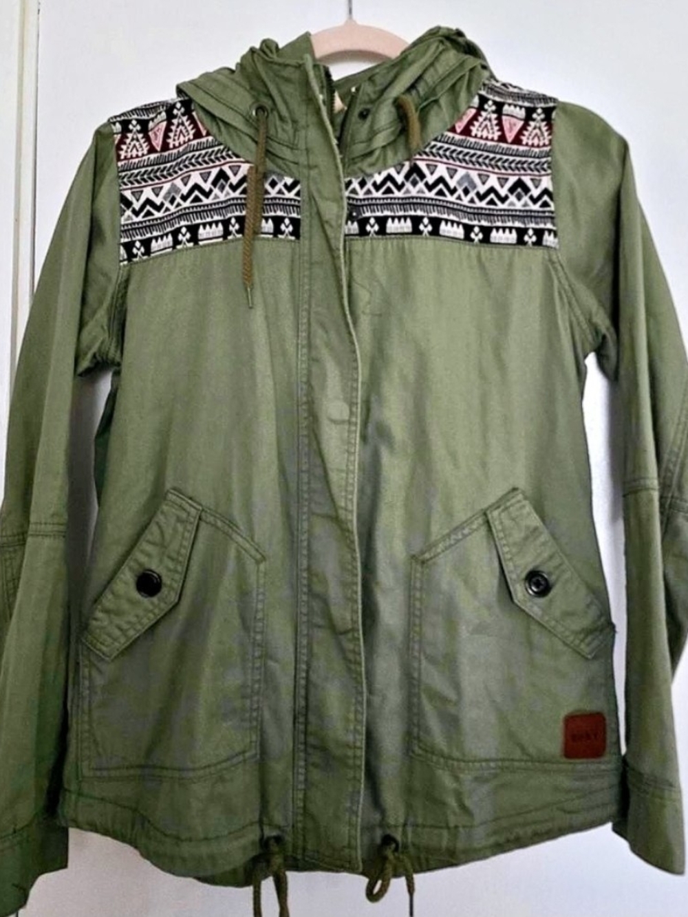 Roxy Olive Green Aztec Print Hooded Utility Jacket Coat Small S Boho